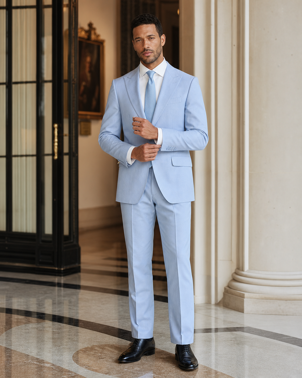 Light Blue Cotton Beach Wedding Suit - Custom Made to Measure front view