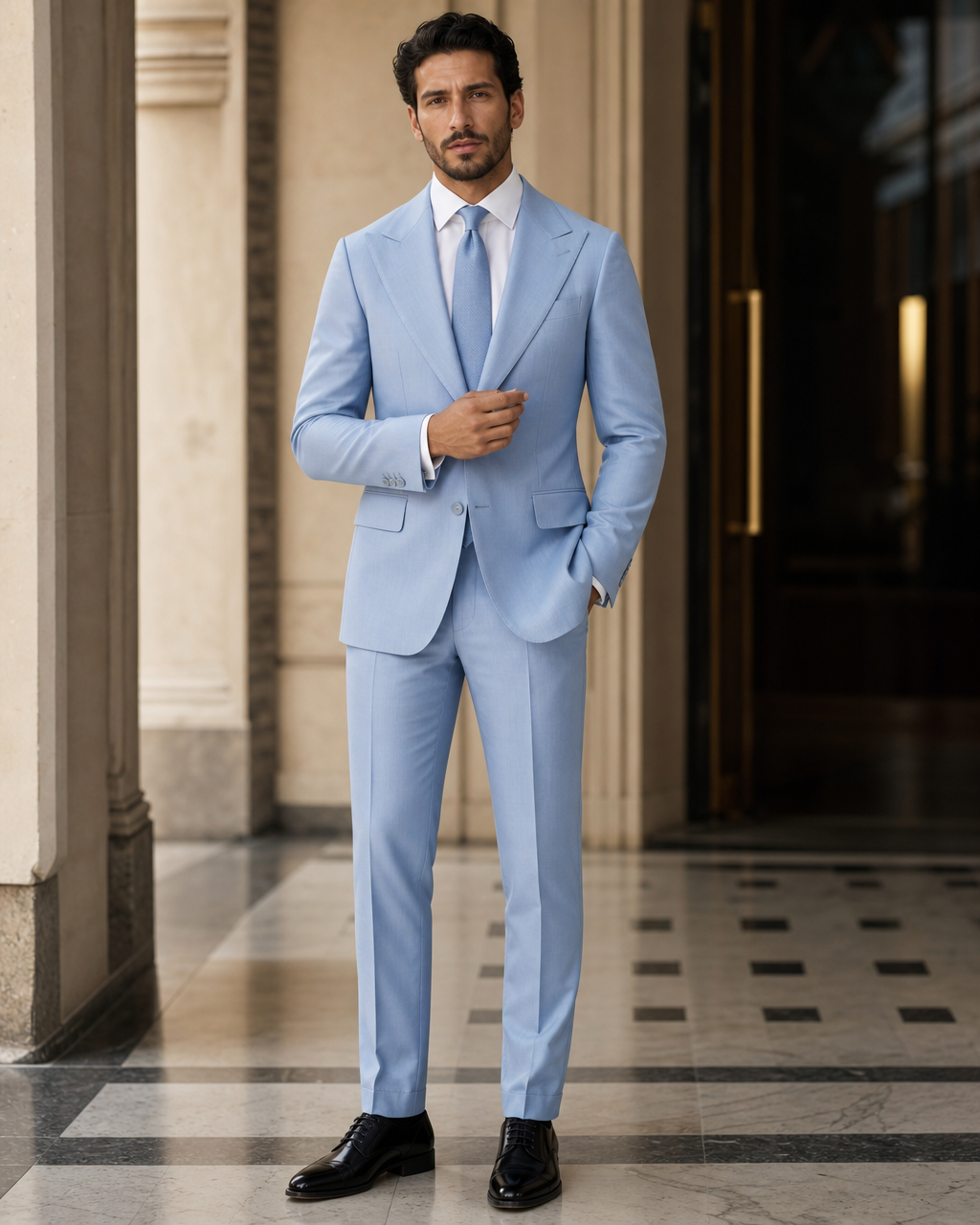 Light Blue Cotton Outdoor Wedding Suit - Custom Made to Measure front view