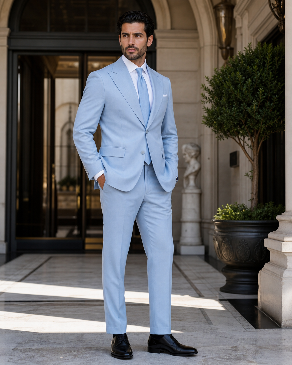 Light Blue Cotton Outdoor Wedding Suit - Custom Made to Measure side back view