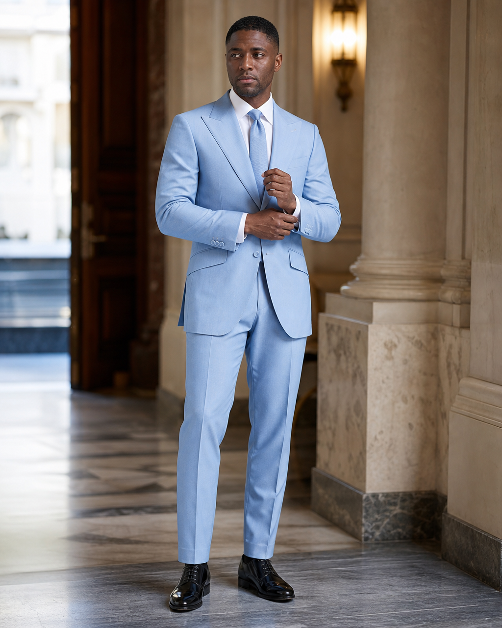 Light Blue Cotton Summer Suit - Custom Made to Measure front view