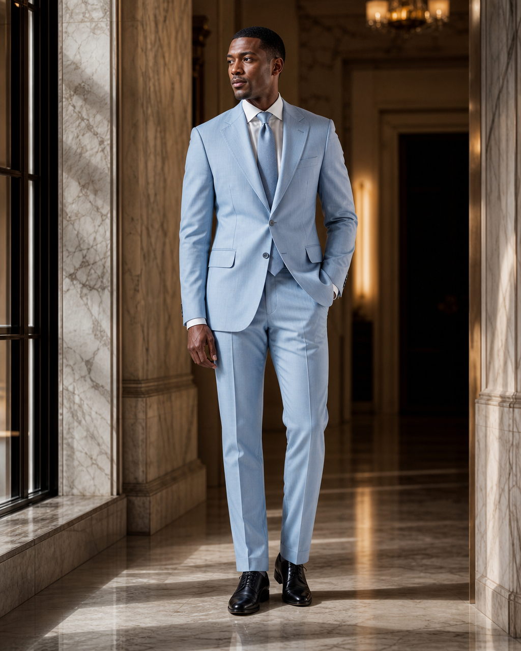 Light Blue Cotton Summer Suit - Custom Made to Measure side back view