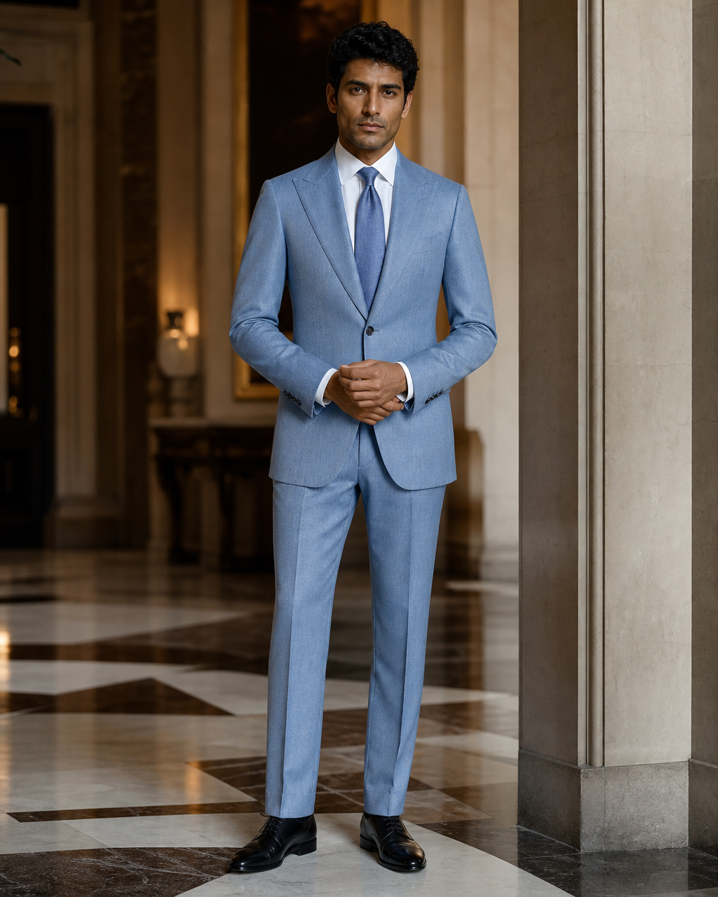Light Blue Herringbone Winter Suit - Custom Made to Measure front view