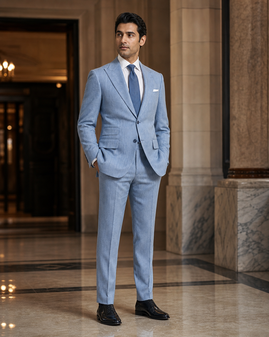Light Blue Herringbone Winter Suit - Custom Made to Measure side back view