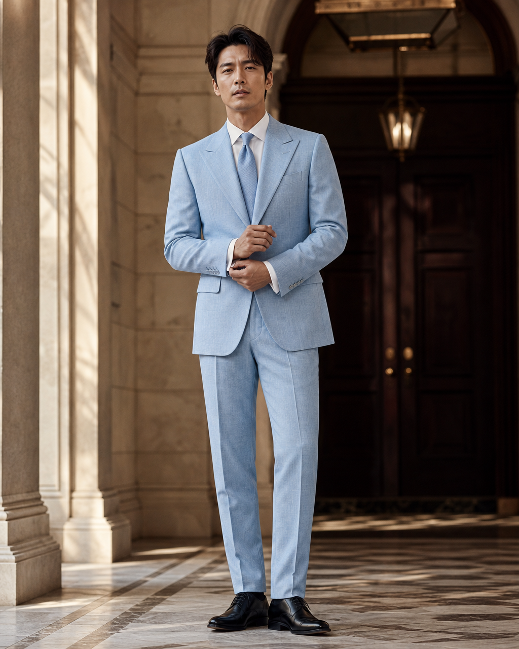 Light Blue Linen Beach Wedding Suit - Custom Made to Measure front view
