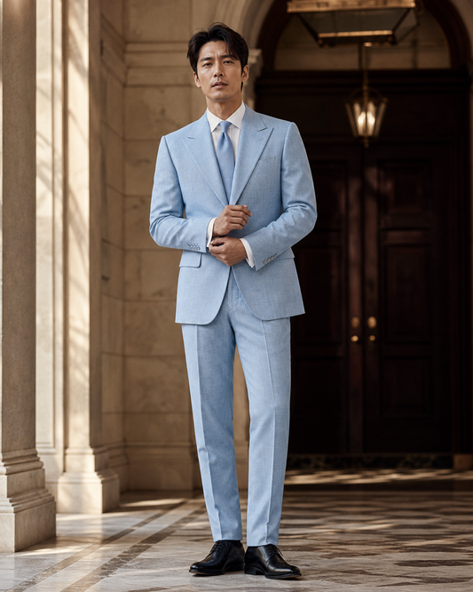 Light Blue Linen Beach Wedding Suit - Custom Made to Measure front view