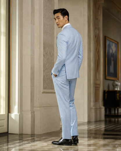 Light Blue Linen Beach Wedding Suit - Custom Made to Measure side back view