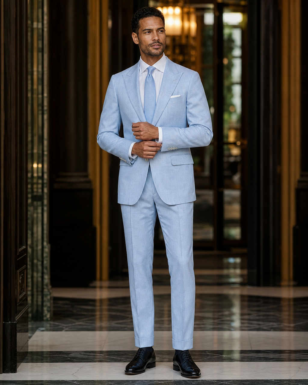 Light Blue Linen Outdoor Wedding Suit - Custom Made to Measure front view