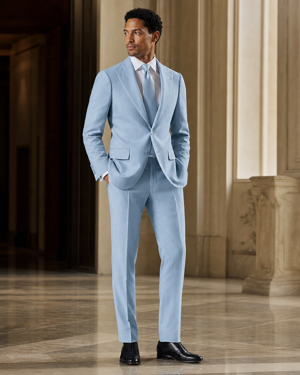 Light Blue Linen Outdoor Wedding Suit - Custom Made to Measure side back view