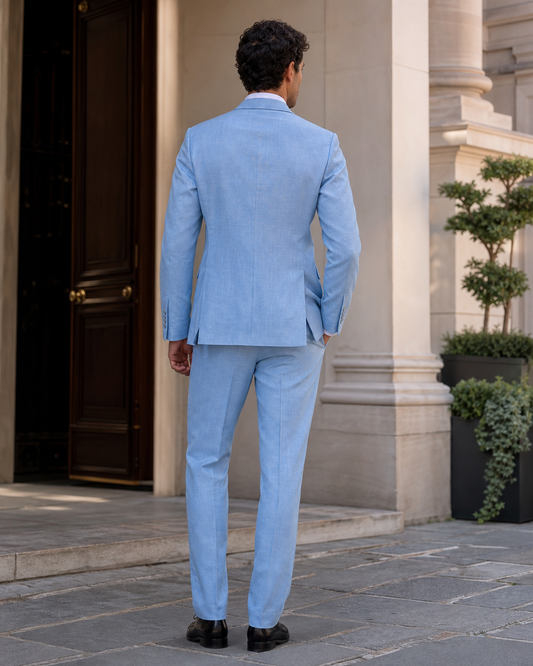 Light Blue Linen Peak Lapel Suit - Custom Made to Measure back view