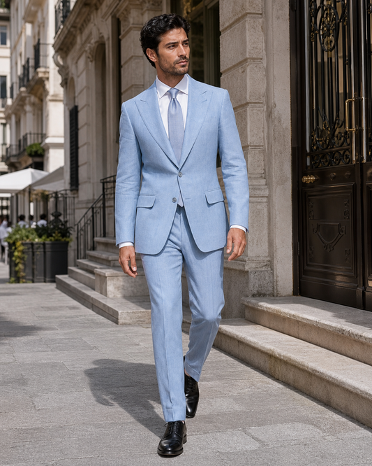 Light Blue Linen Peak Lapel Suit - Custom Made to Measure front view