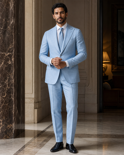Light Blue Linen Summer Suit - Custom Made to Measure front view