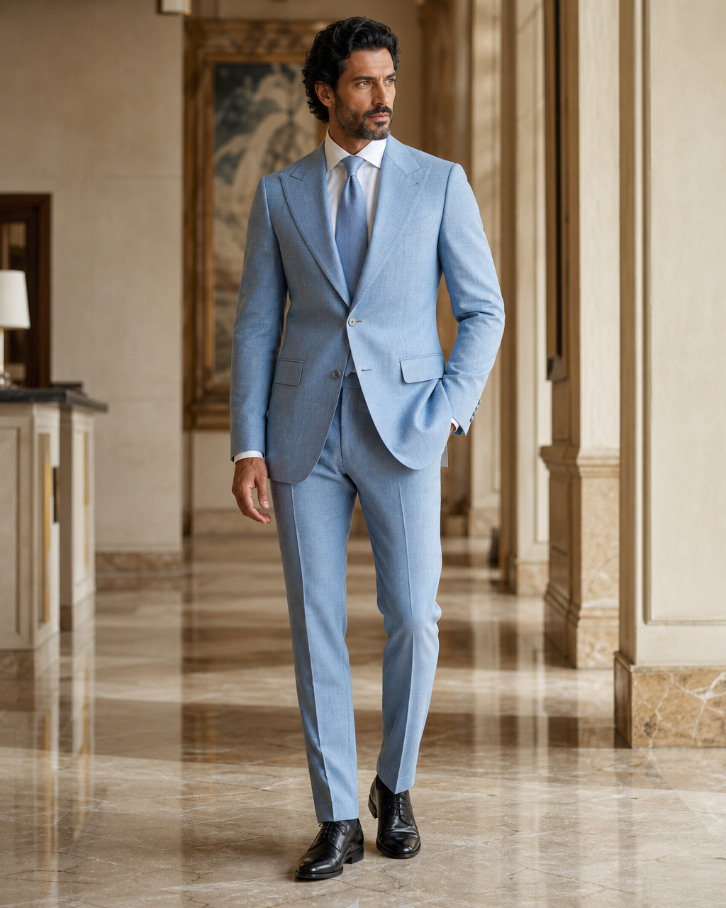 Light Blue Linen Summer Suit - Custom Made to Measure side back view