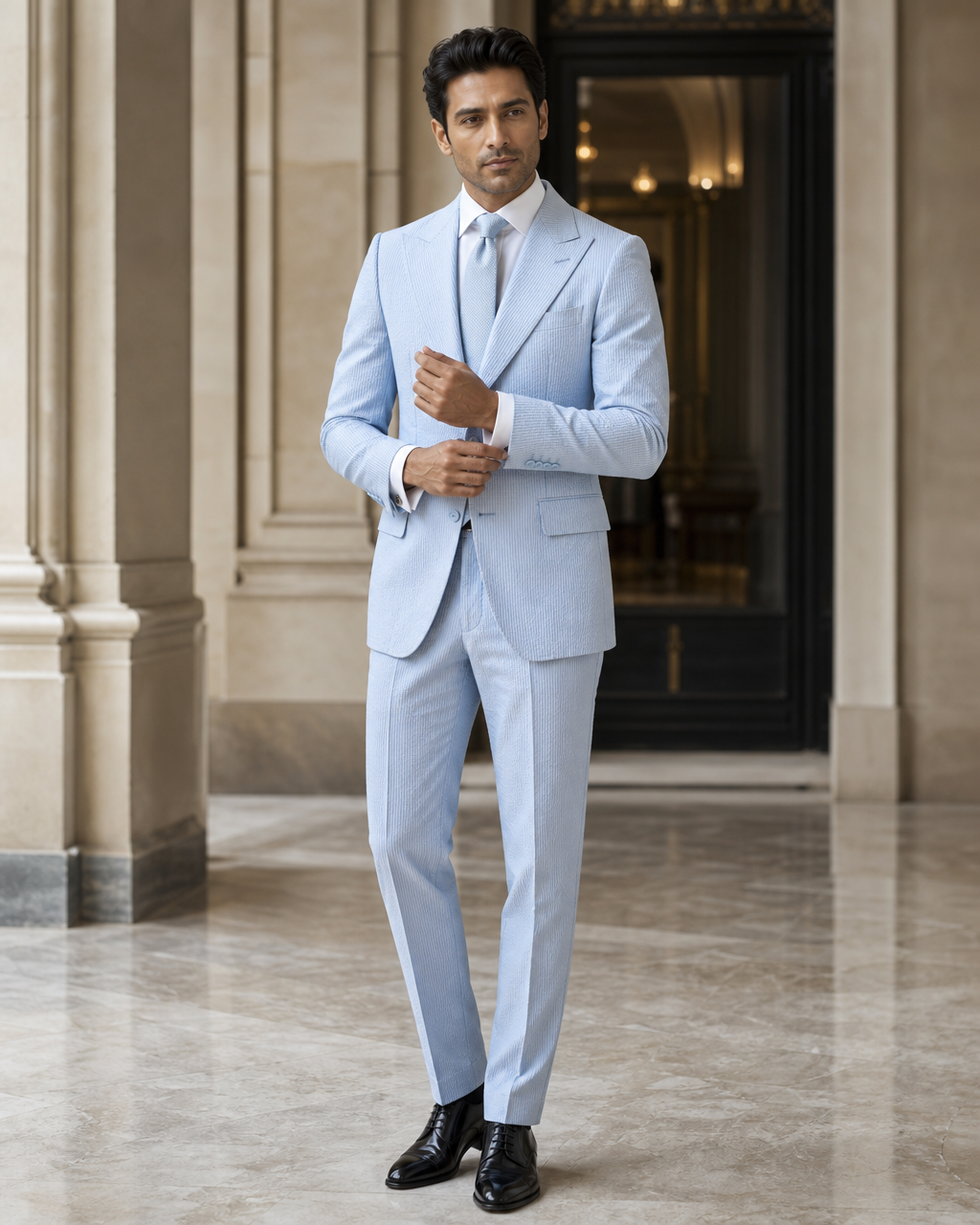 Light Blue Seersucker Beach Wedding Suit - Custom Made to Measure front view