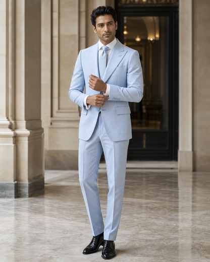 Light Blue Seersucker Beach Wedding Suit - Custom Made to Measure front view