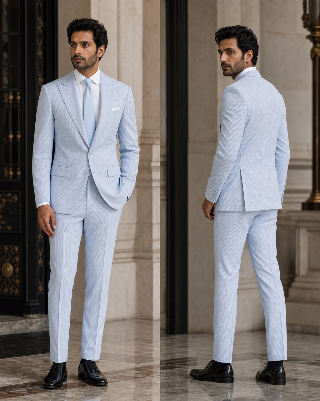Light Blue Seersucker Beach Wedding Suit - Custom Made to Measure side back view