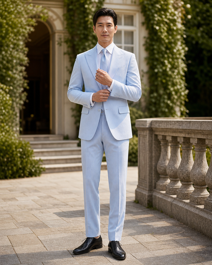 Light Blue Seersucker Outdoor Wedding Suit — Custom Made to Measure front view