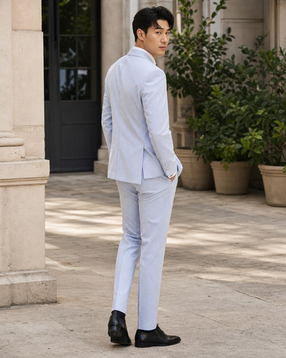Light Blue Seersucker Outdoor Wedding Suit — Custom Made to Measure side back view