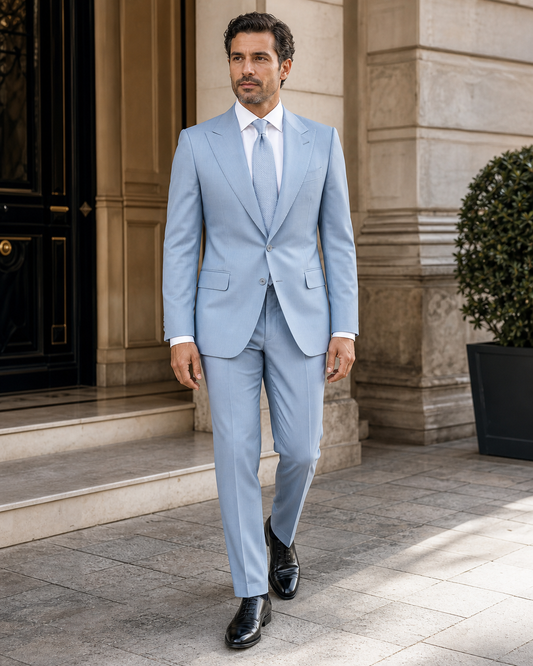Light Blue Silk Blend Peak Lapel Suit - Custom Made to Measure front view