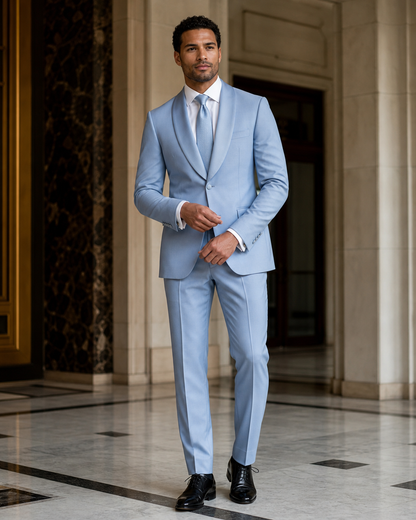 Light Blue Silk Blend Shawl Lapel Suit - Custom Made to Measure front view