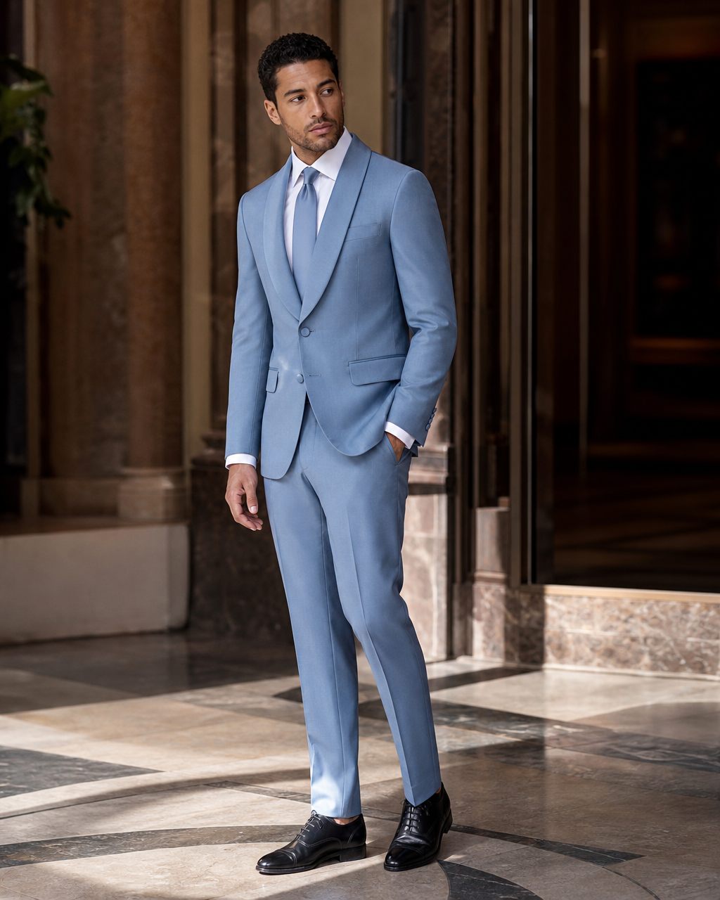 Light Blue Silk Blend Shawl Lapel Suit - Custom Made to Measure side back view