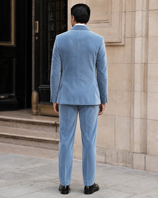 Light Blue Velvet Shawl Lapel Suit - Custom Made to Measure back view