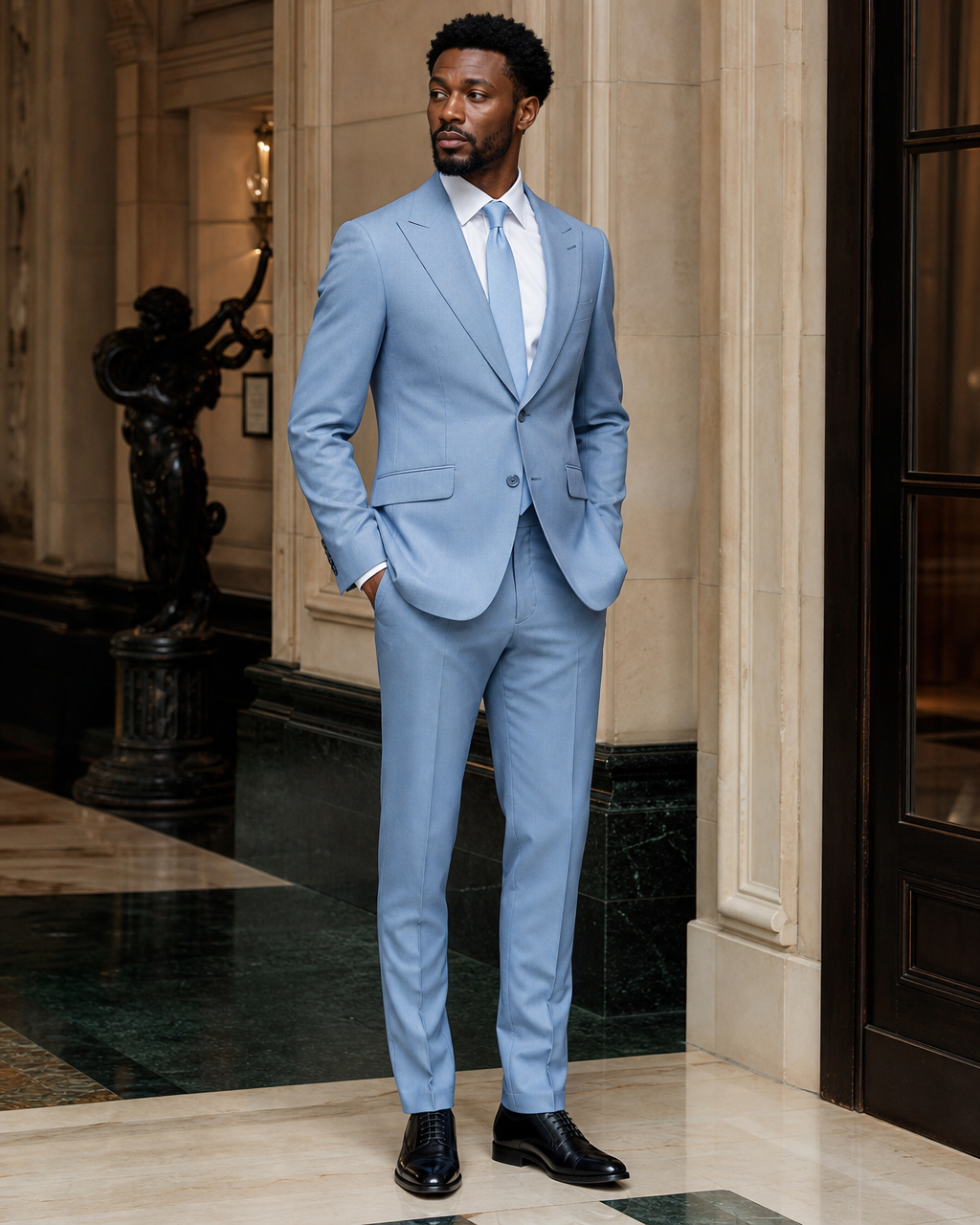 Light Blue Wool Outdoor Wedding Suit - Custom Made to Measure side back view