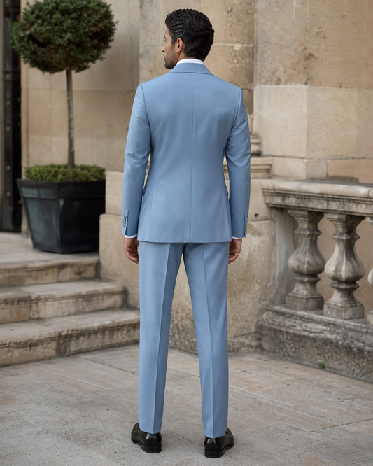 Light Blue Wool Shawl Lapel Suit - Custom Made to Measure back view