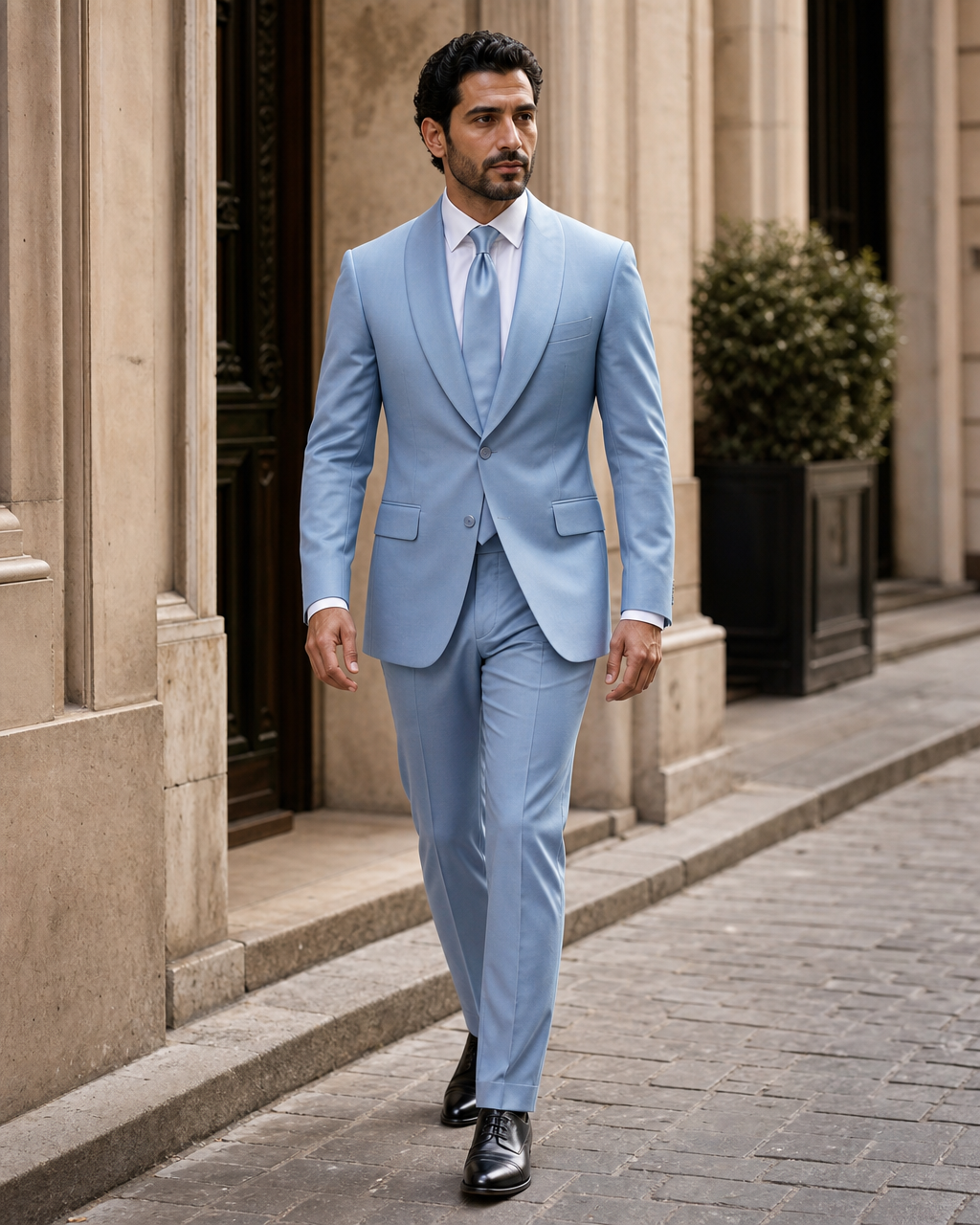 Light Blue Wool Shawl Lapel Suit — Custom Made to Measure