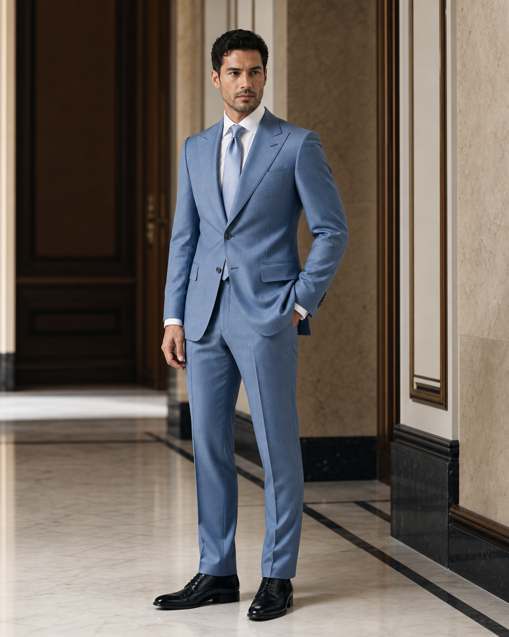Light Blue Wool Winter Suit - Custom Made to Measure side back view