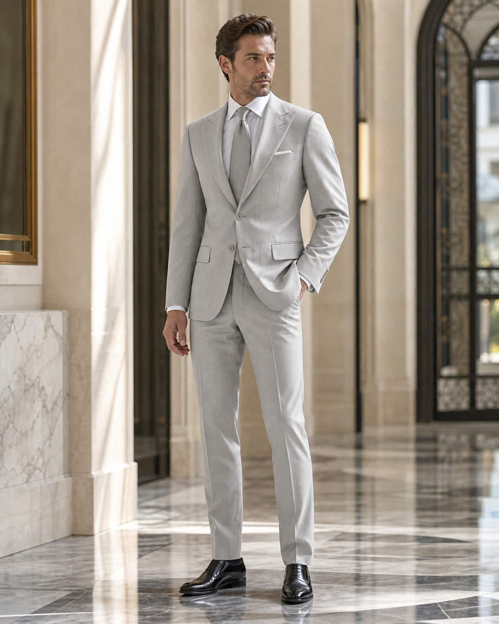 Light Gray Cotton Beach Wedding Suit - Custom Made to Measure side back view