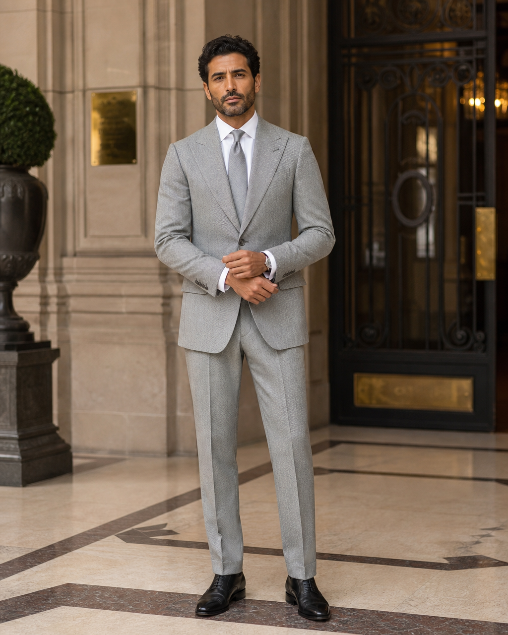 Light Gray Herringbone Winter Suit - Custom Made to Measure front view