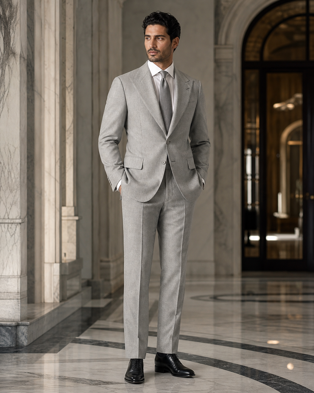 Light Gray Herringbone Winter Suit - Custom Made to Measure side back view