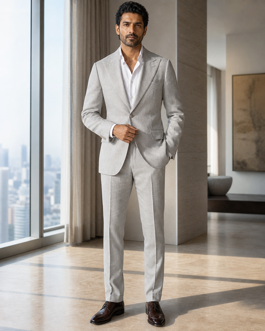 Light Gray Linen Peak Lapel Suit - Custom Made to Measure - Front View