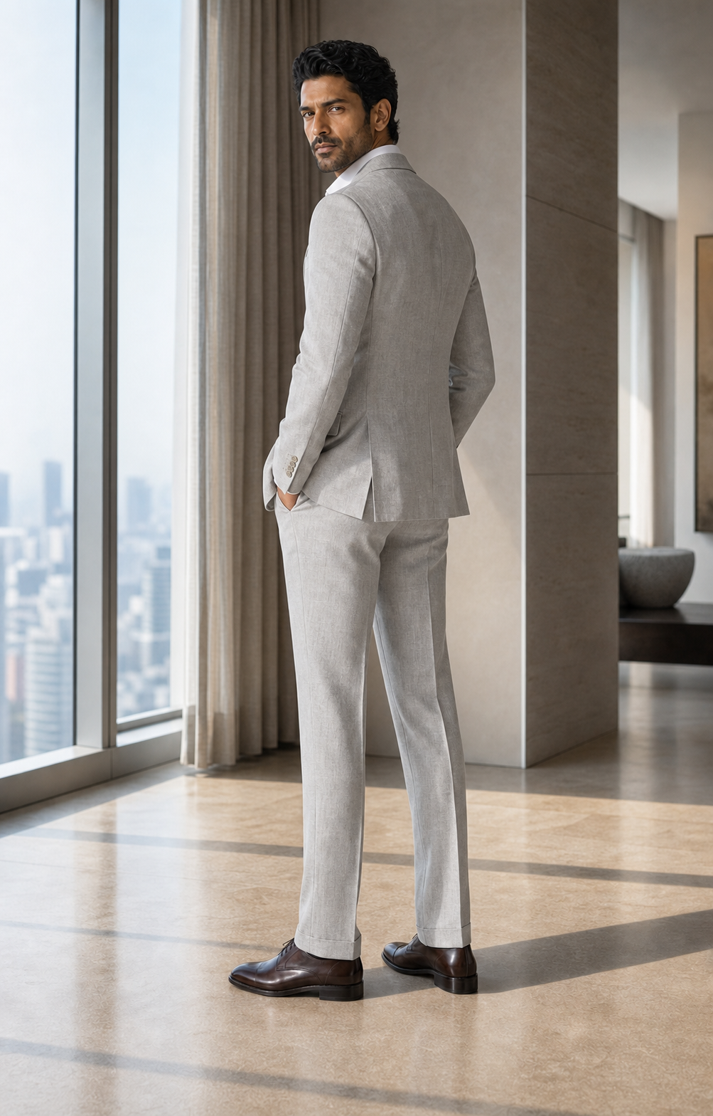 Light Gray Linen Peak Lapel Suit - Custom Made to Measure - Side Back View