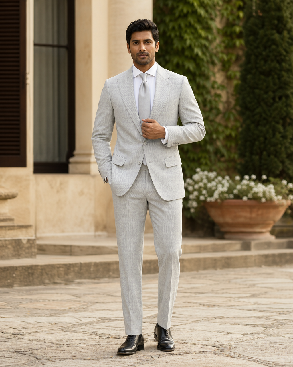 Light Gray Seersucker Outdoor Wedding Suit — Custom Made to Measure front view
