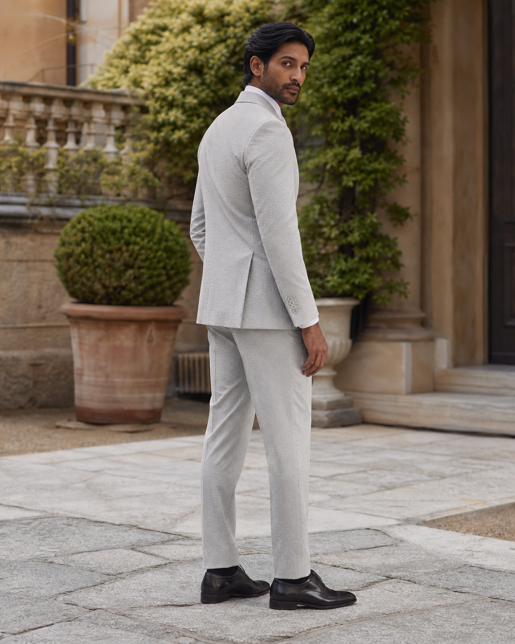 Light Gray Seersucker Outdoor Wedding Suit — Custom Made to Measure side back view