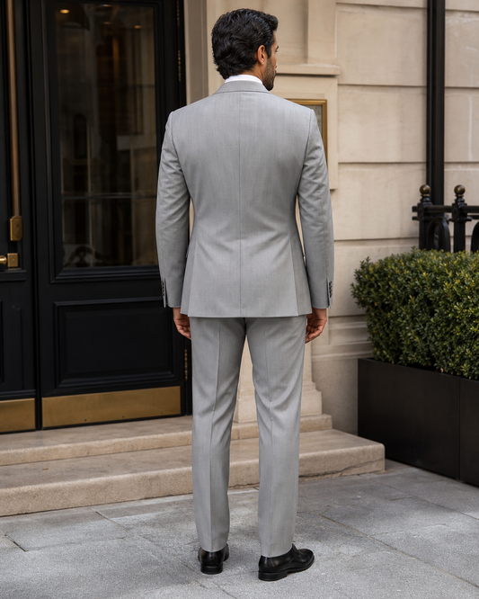 Light Gray Silk Blend Peak Lapel Suit - Custom Made to Measure back view