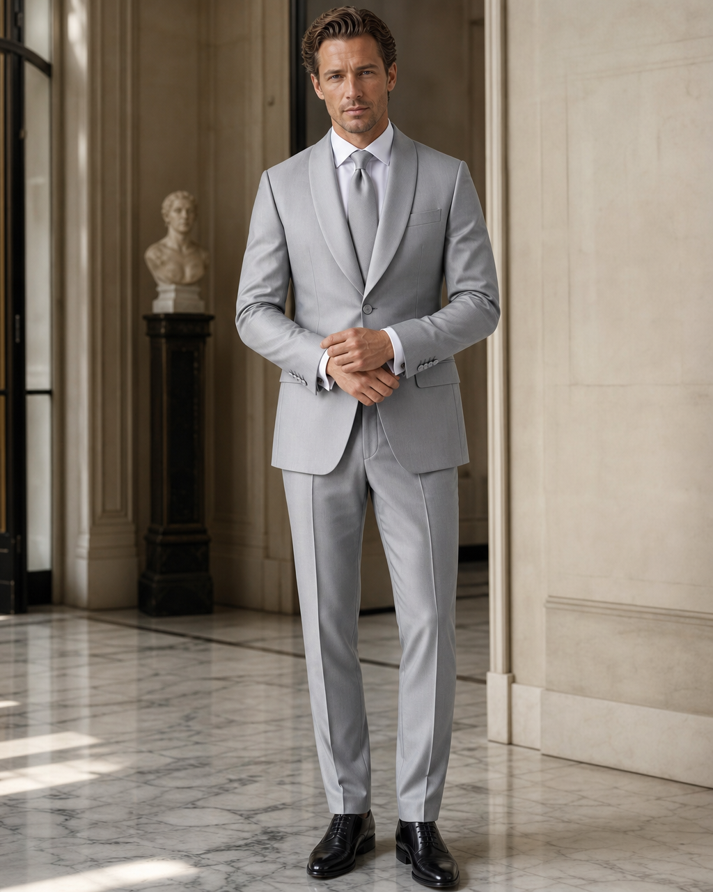 Light Gray Silk Blend Shawl Lapel Suit - Custom Made to Measure front view