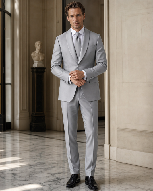 Light Gray Silk Blend Shawl Lapel Suit - Custom Made to Measure front view