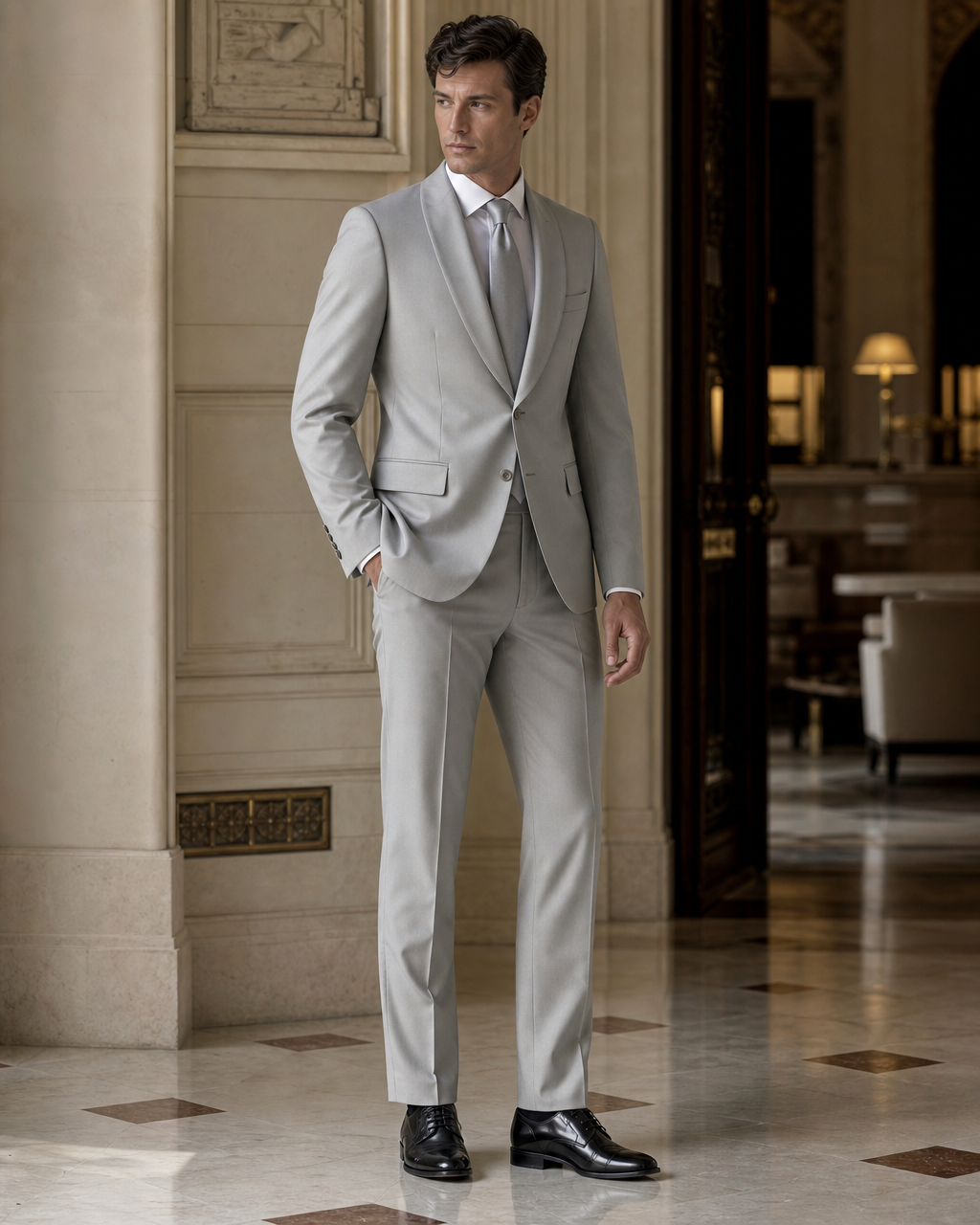 Light Gray Silk Blend Shawl Lapel Suit - Custom Made to Measure side back view