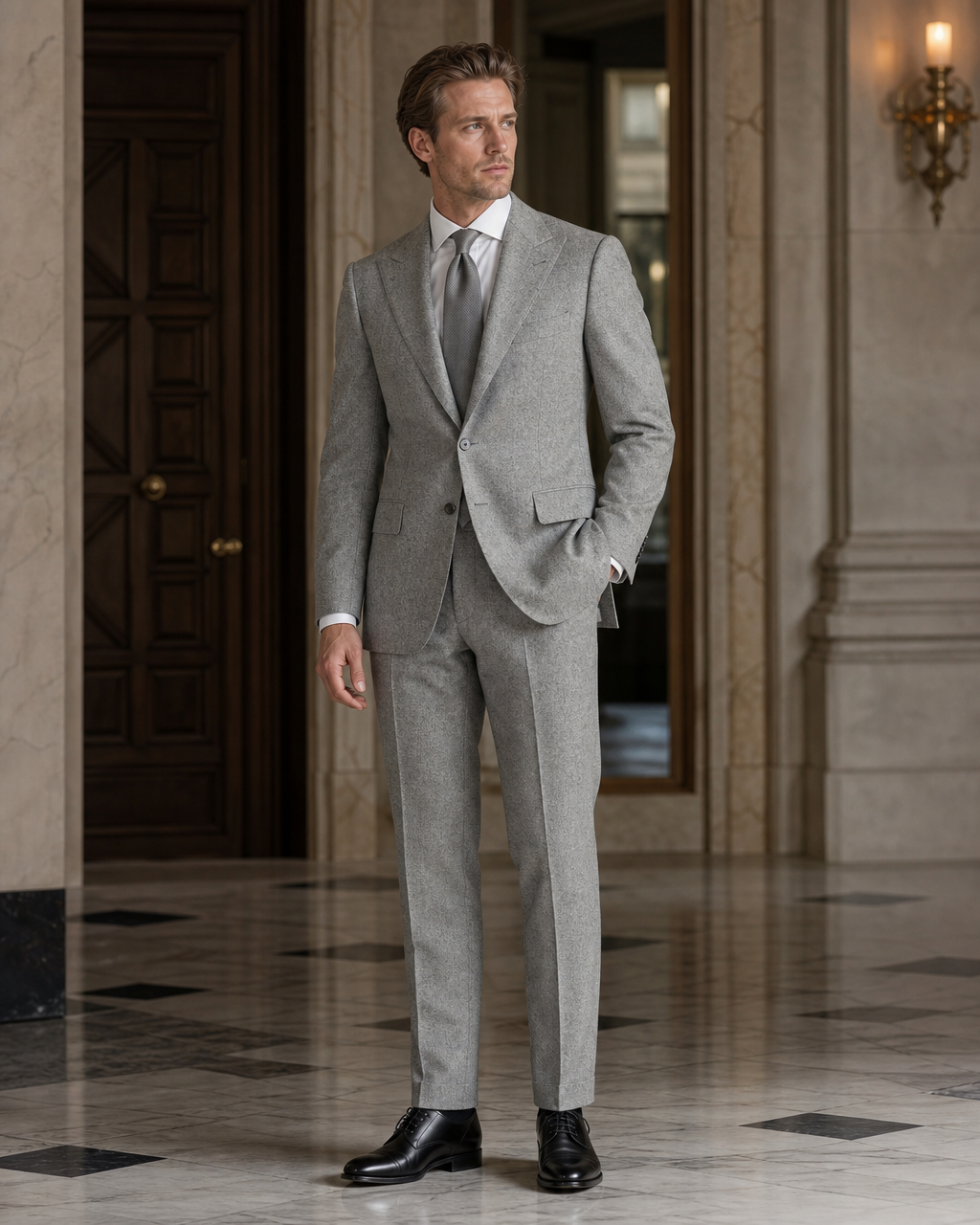 Light Gray Tweed Winter Suit - Custom Made to Measure side back view