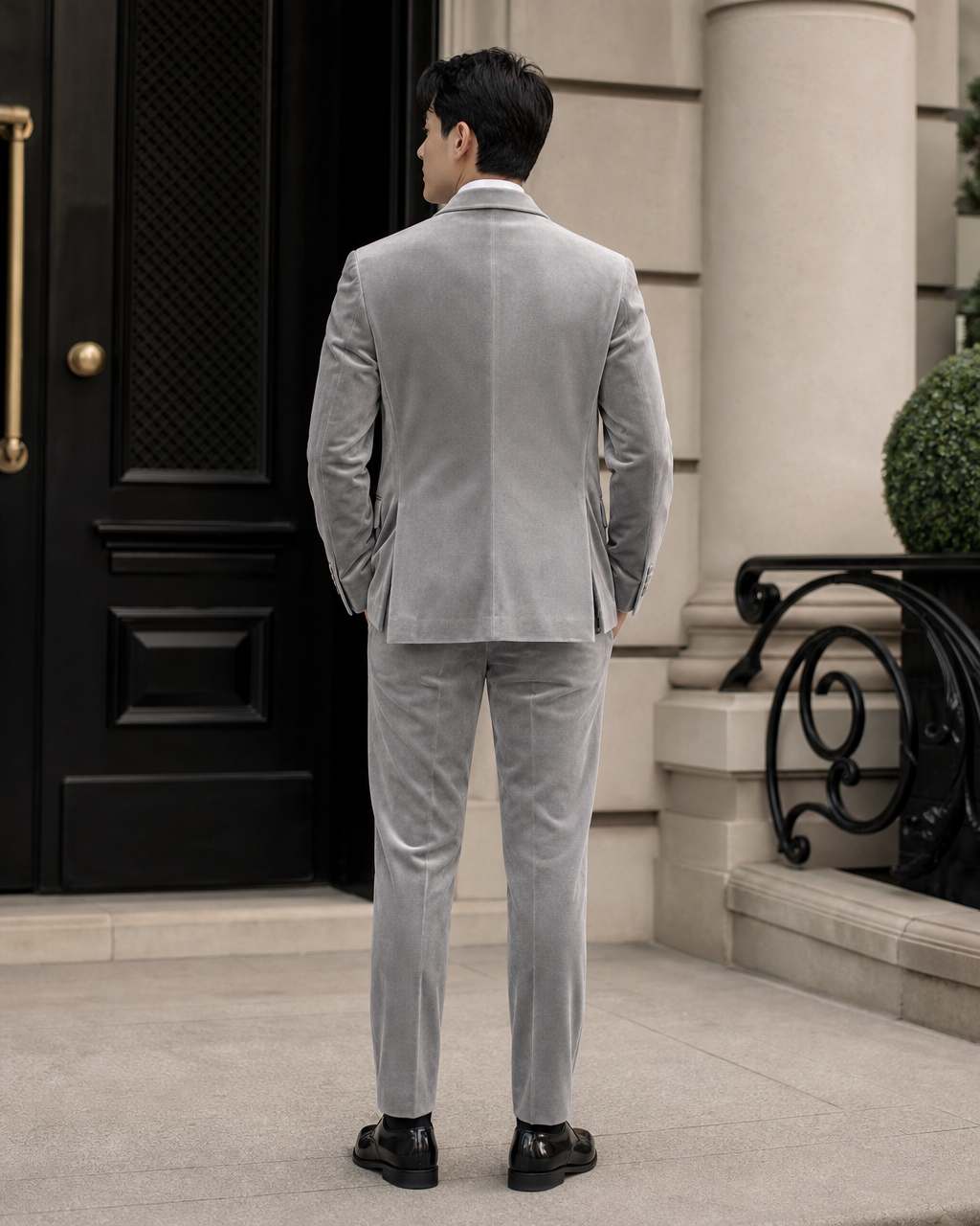 Light Gray Velvet Shawl Lapel Suit - Custom Made to Measure back view
