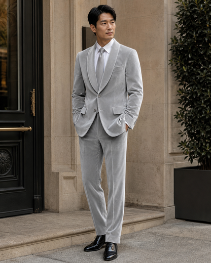 Light Gray Velvet Shawl Lapel Suit - Custom Made to Measure fabric texture close up