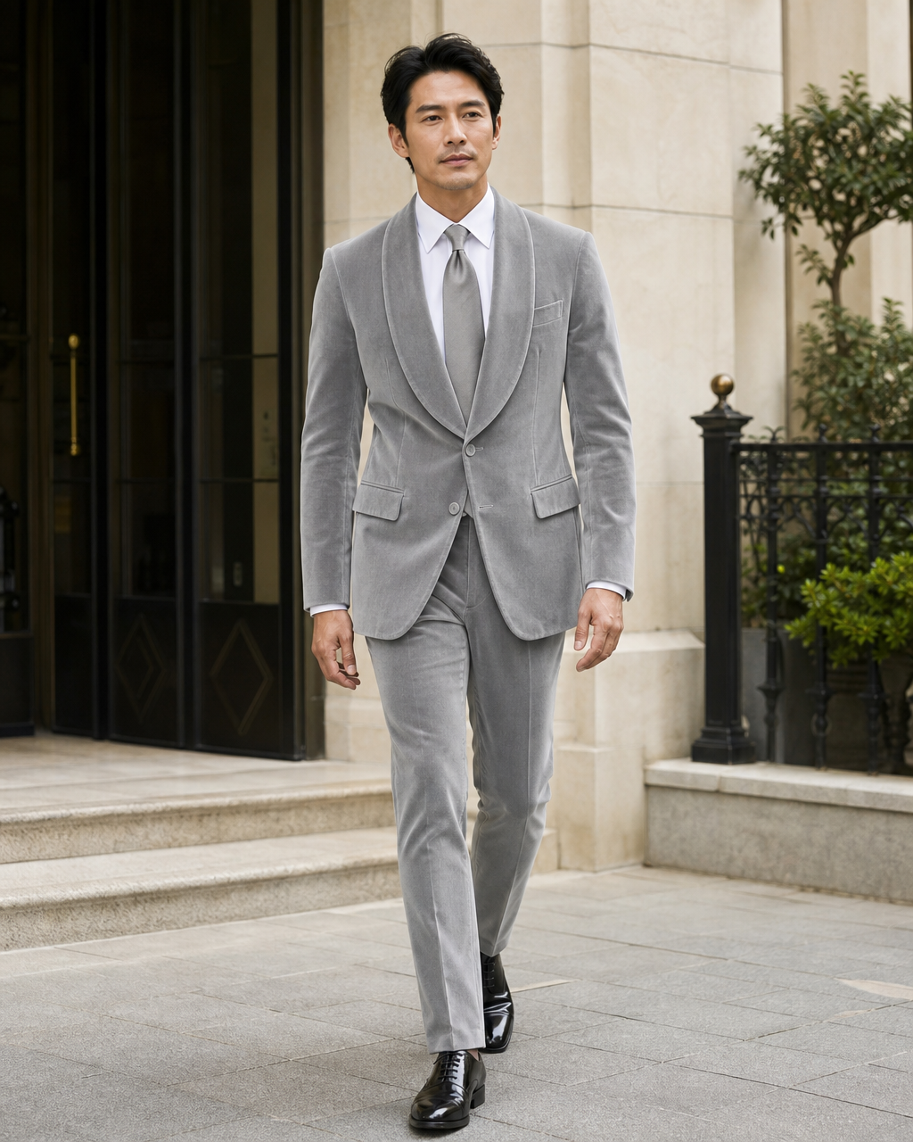 Light Gray Velvet Shawl Lapel Suit - Custom Made to Measure front view