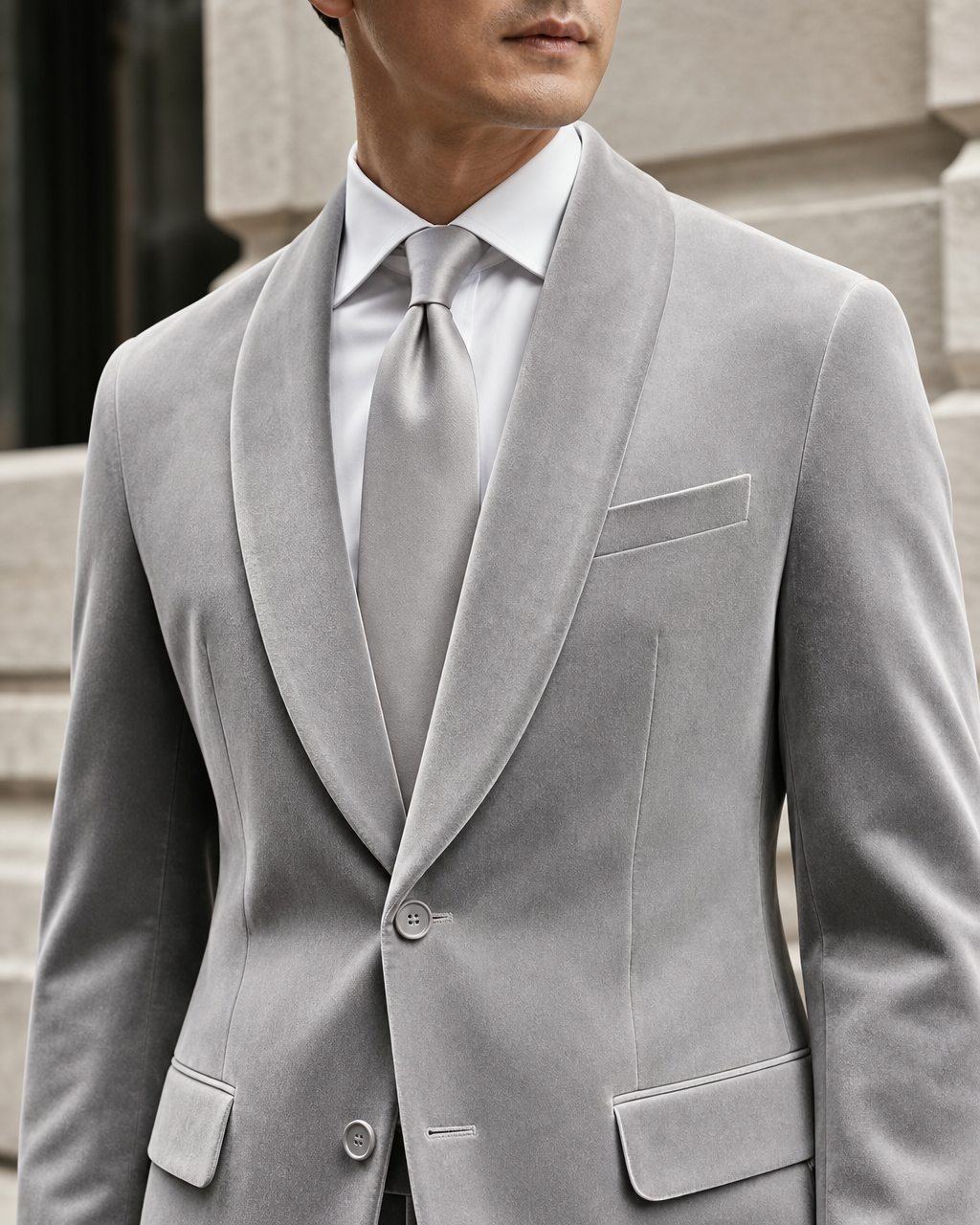 Light Gray Velvet Shawl Lapel Suit - Custom Made to Measure lapel chest close up