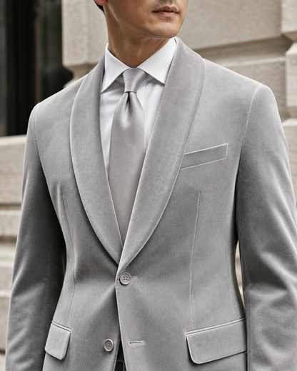 Light Gray Velvet Shawl Lapel Suit - Custom Made to Measure lapel chest close up