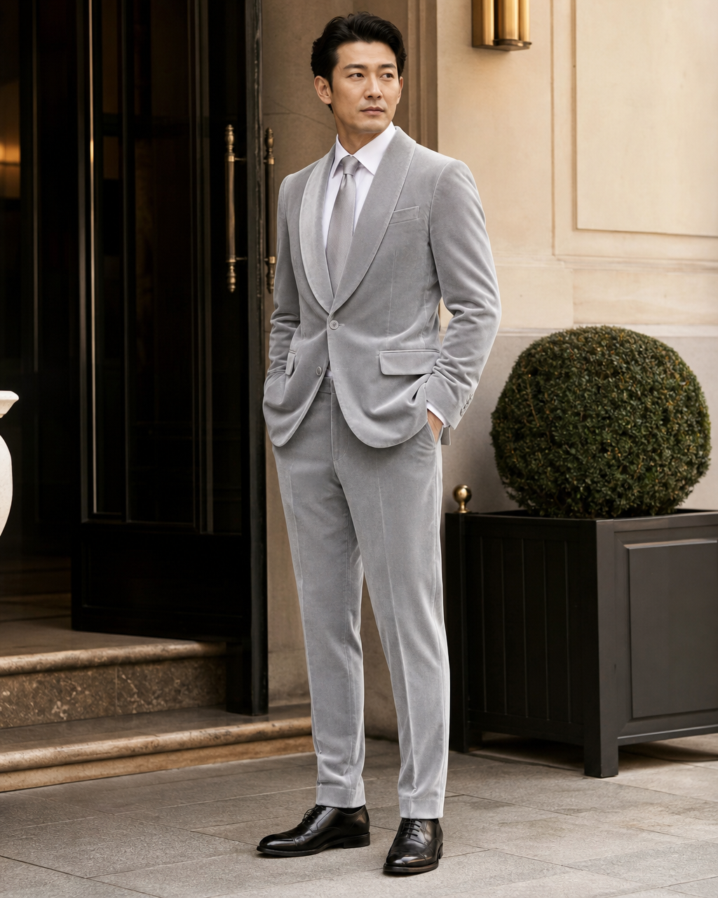 Light Gray Velvet Shawl Lapel Suit - Custom Made to Measure side three quarter view