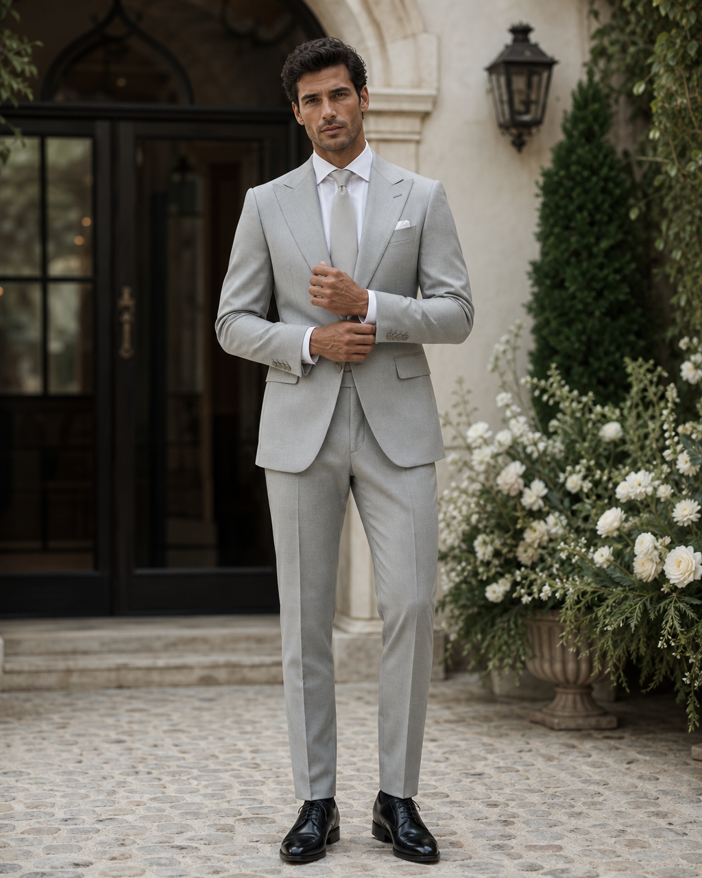 Light Gray Wool Outdoor Wedding Suit — Custom Made to Measure front view