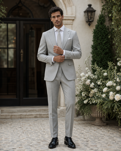 Light Gray Wool Outdoor Wedding Suit — Custom Made to Measure front view