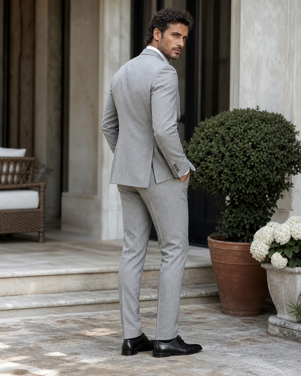 Light Gray Wool Outdoor Wedding Suit — Custom Made to Measure side back view